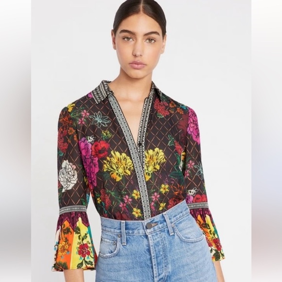 Alice+Olivia Silk Cotton Ruffle Sleeve Floral Collared Colourful Button Down Top - Picture 5 of 14